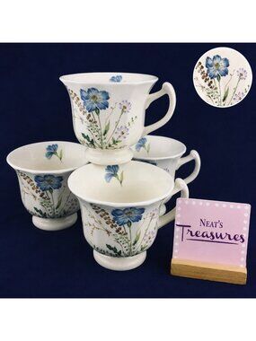 Home Beautiful  BREEZY BLUE  JX102 Floral Footed Stoneware Coffee Tea Cup Set 4